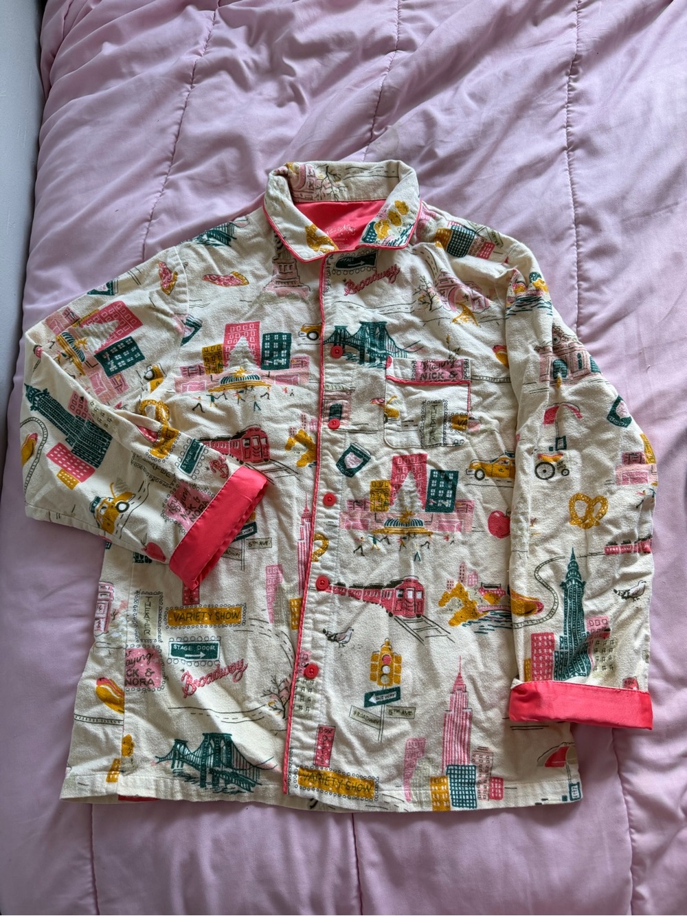 Nick & Nora Cream Quilted Jacket with Pink Trim and Multi-Color City Print